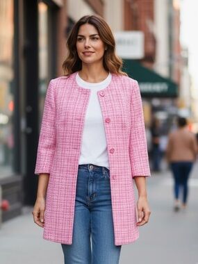 NWT $169 Anne Klein Powder Pink Tweed Boucle Collarless Jacket Coat Large